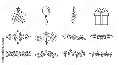 Festive Celebration Icons - Party Hat, Balloon, Streamers, Gift and Decorations.
