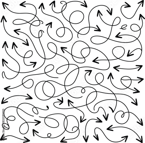 Dense Pattern of Swirling Hand Drawn Arrows Keywords: arrow, arrows, hand drawn, doodle, sketch, drawing, graphic, design, direction, pointer