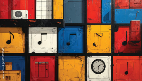 Abstract Musical Notes and Clock on Colorful Background.
