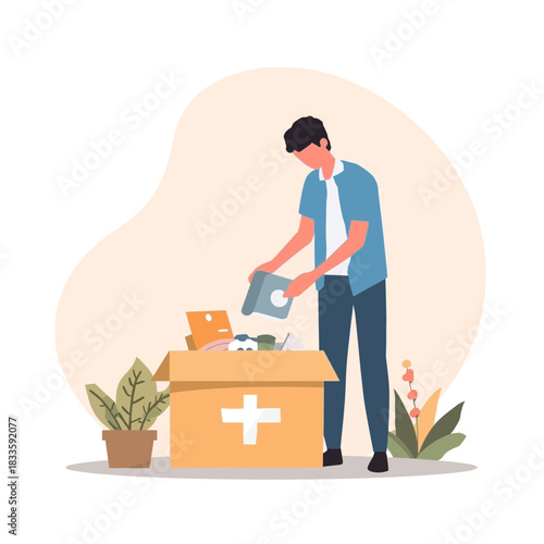 Caring Man Donating Items into Charity Box