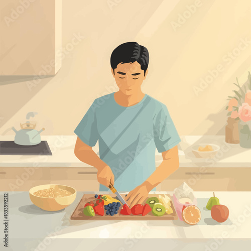 Young Man Slicing Fresh Fruit Breakfast Salad