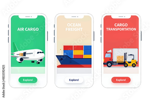 Air Cargo, Ocean Freight, and Cargo Transportation Flat Design Icons for Mobile App Interface