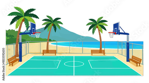 Beachside Basketball Court Illustration with Palm Trees