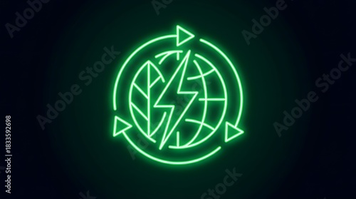 Centered green energy icon in abstract neon style on dark background.