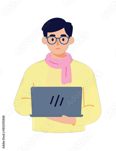 Cartoon Man in Yellow Sweater Using Laptop Illustration