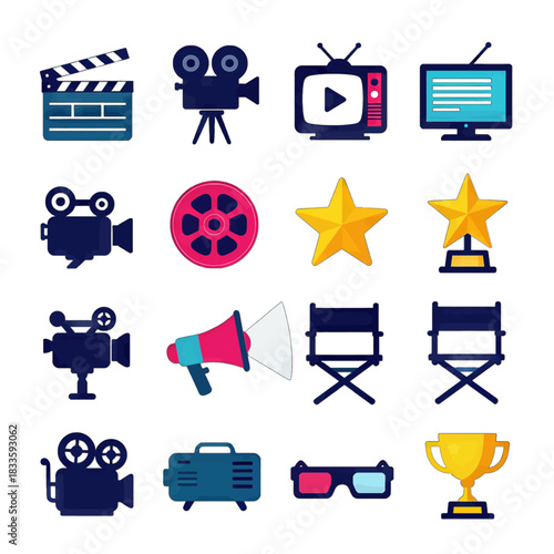 Colorful Film and Television Industry Vector Icons Set