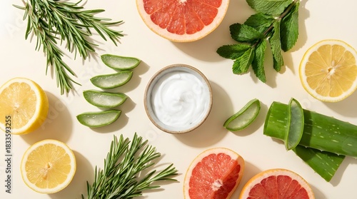 Top-down flat-lay of aloe slices, citrus halves, fresh herbs, and a small bowl of cream on pastel or white background.