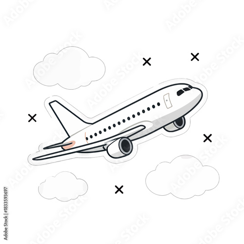 Cute Airplane Flying Through Clouds Cartoon Illustration