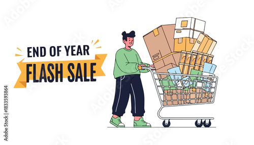 A person pushing a shopping cart overflowing with boxes, representing a flash sale.
