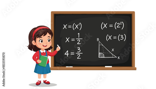 Cartoon girl in red sweater and blue skirt holding a book and chalk, standing in front of a blackboard with math equations and a triangle.