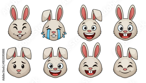 A collection of cartoon bunny faces displaying various emotions, expressions, and feelings.