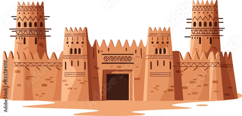 Illustration of a fortified desert castle with towers and a large gate, rendered in a flat, stylized design.