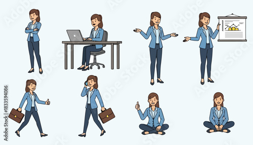 Illustration of a businesswoman in various poses: standing, working at a desk, presenting, walking with a briefcase, talking on the phone, meditating, and sitting cross-legged.