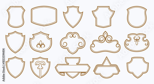 Collection of Decorative Shield Frames with Golden Outlines.