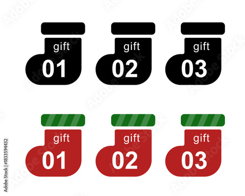「ギフト01, 02, 03」文字入り！クリスマスソックス（聖誕襪）アイコンセット  特典・ギフトオプションに使える赤と黒の靴下イラスト素材