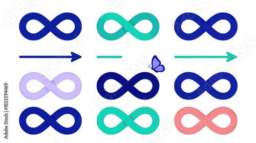 Infinity Symbols in Various Colors and Designs Vector Illustration