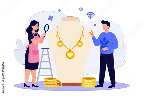 Jewelry Examination Illustration with Magnifying Glass and Gold Necklace