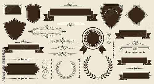 Collection of Vintage Badges, Ribbons, and Laurel Wreaths for Design Projects.