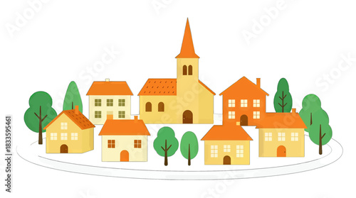 Small Town Village Flat Design Illustration