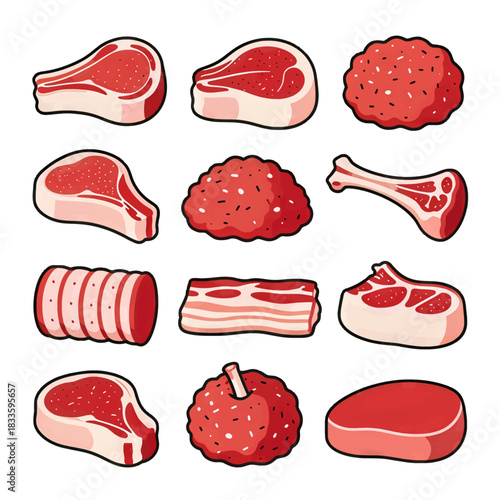Variety of Red Meat Cuts Vector Illustration