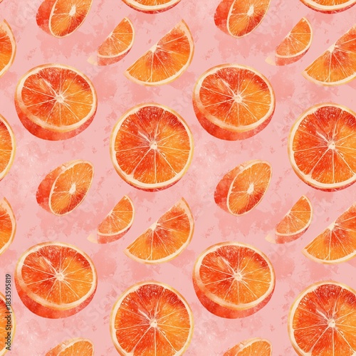 A fresh and bright pattern of juicy orange slices on a pink background, modern fruit illustration