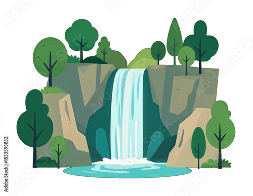 Waterfall Flat Design Illustration on Green Cliff
