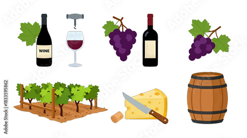 Wine and Cheese Vector Illustration Set