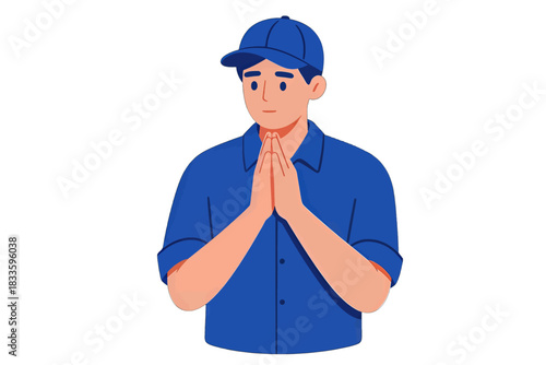Young Man in Blue Clothes Praying Gesture Flat Illustration