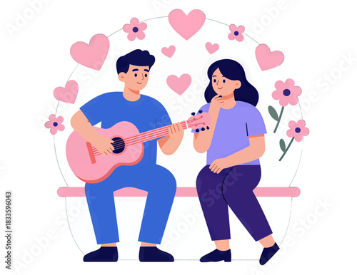 Young Man Playing Guitar for Woman in Romantic Illustration