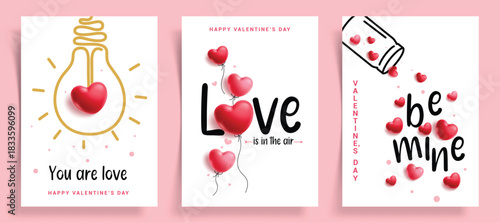 Valentine's card greeting clipart poster set. Love is in the air, you are love and be mine greeting text with heart shape balloons floating for Valentine's day banner invitation card clip art 