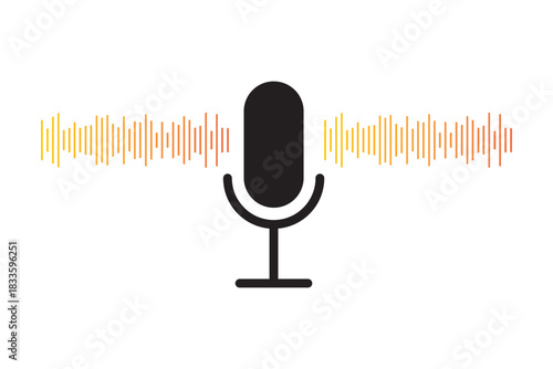 Microphone with sound wave icon. Podcast and recording symbol in black circle