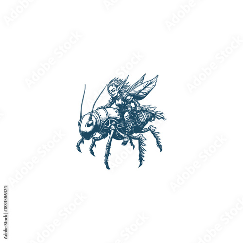 vintage-style illustration featuring a small, armored fantasy fairy or elf riding a giant, formidable cricket or grasshopper