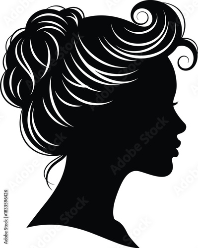 Black silhouette vector profile of a woman's head featuring a sophisticated, intricate updo hairstyle, symbolizing beauty, elegance, vintage fashion, 