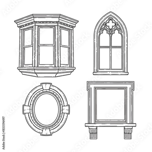 Architectural Window Styles - Bay, Gothic, Oval, and Square Designs.