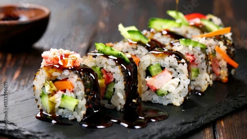 Wallpaper Mural Pouring Dark Soy Sauce Over Fresh Japanese Sushi Rolls. Torontodigital.ca