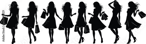 Set of eight stylish female silhouettes in various poses and dresses, carrying shopping bags, symbolizing consumerism, sales, modern fashion, retail therapy, and dynamic young women shopping, 