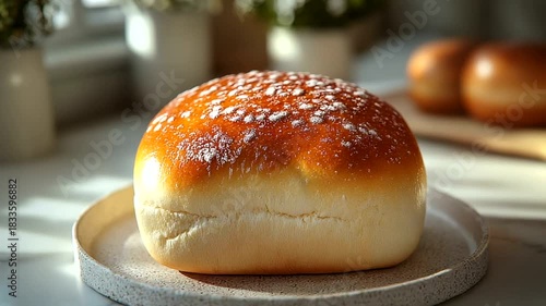 Freshly baked bread loaf on a plate with soft lighting and background