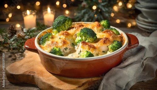 Collection of photos showcasing a cozy broccoli chicken casserole with golden baked texture, tender chicken, vibrant broccoli, and a warm festive holiday glow in an inviting seasonal kitchen
