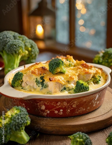 Collection of photos showcasing a cozy broccoli chicken casserole with golden baked texture, tender chicken, vibrant broccoli, and a warm festive holiday glow in an inviting seasonal kitchen