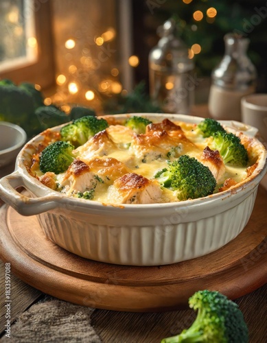 Collection of photos showcasing a cozy broccoli chicken casserole with golden baked texture, tender chicken, vibrant broccoli, and a warm festive holiday glow in an inviting seasonal kitchen