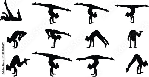 Set of twelve female silhouettes performing dynamic handstand, yoga, and acrobatic poses,flexibility, intense physical exercise, training, fitness, 