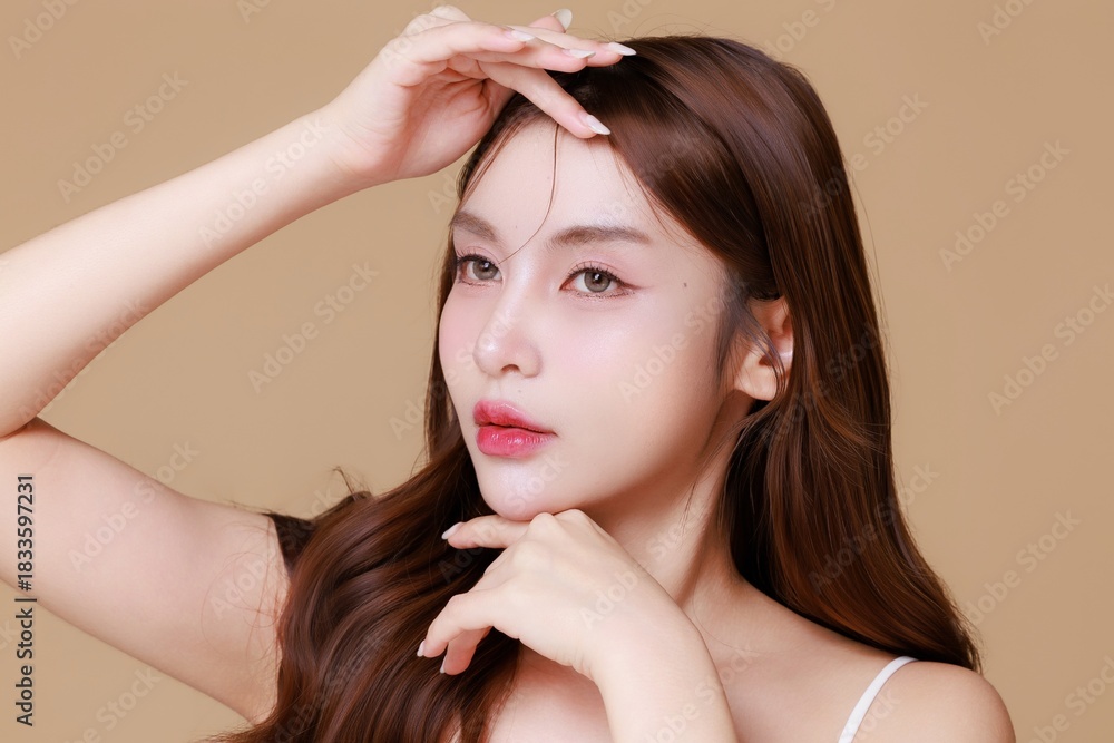 Fototapeta premium Beautiful Young Asian Woman with Healthy Skin Natural Makeup. Skincare Beauty Concept.