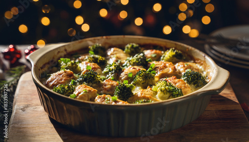 Collection of photos showcasing a cozy broccoli chicken casserole with golden baked texture, tender chicken, vibrant broccoli, and a warm festive holiday glow in an inviting seasonal kitchen