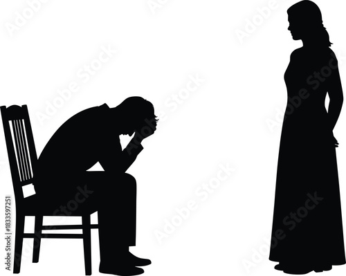 Silhouette of a distressed man sitting on a chair with his head in his hands, facing a woman standing beside him, symbolizing divorce, relationship crisis, sadness, and conflict.