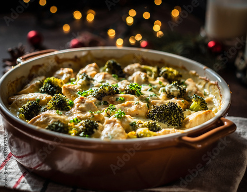 Collection of photos showcasing a cozy broccoli chicken casserole with golden baked texture, tender chicken, vibrant broccoli, and a warm festive holiday glow in an inviting seasonal kitchen