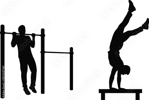Silhouettes of men performing intense street workout exercises: a pull-up on a bar and a handstand on parallettes, symbolizing strength, fitness, calisthenics, healthy lifestyle, and gym traini