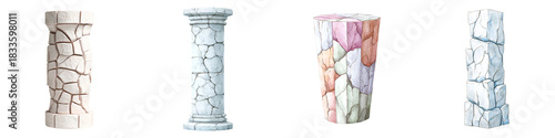 Watercolor Stone Columns: Decorative Ancient Pillars Art on White