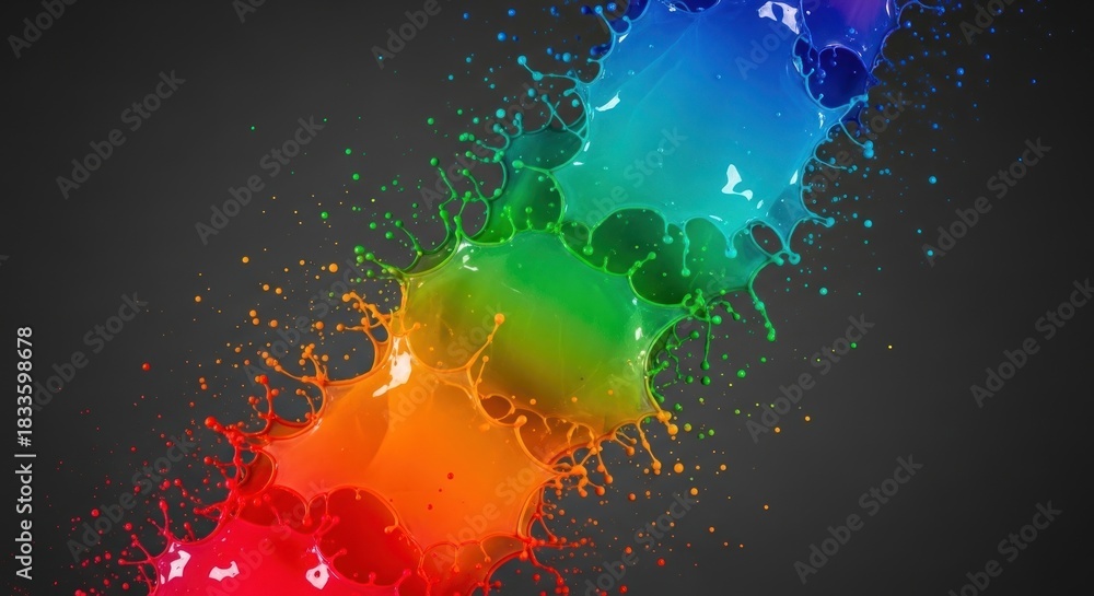 Naklejka premium Vibrant Rainbow Paint Splashes on Dark Gray Background, Dynamic Fluid Art