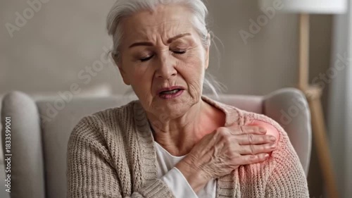Elderly Woman Experiencing Sudden Shoulder Pain and Discomfort at Home