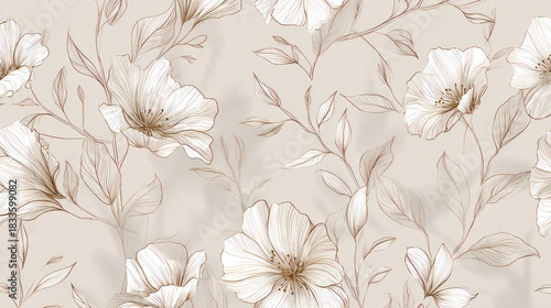 Seamless, delicate botanical illustration with sketched ivory flowers and sepia-toned foliage on beige
